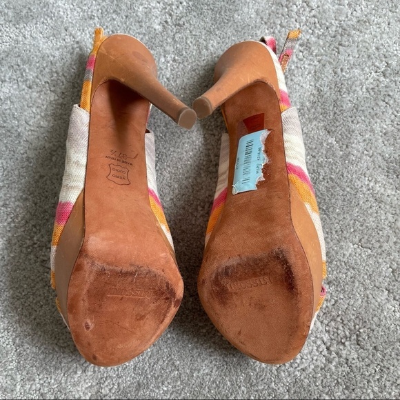 Missoni Multicolor Ikat Printed Fabric Leather Slingback Peep Toe Platform Heels - Picture 6 of 10